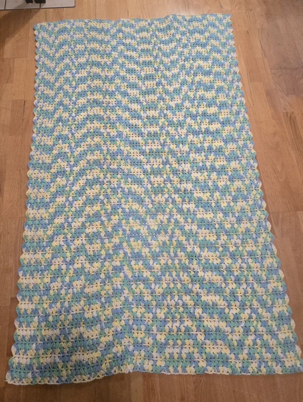 Handmade Crochet Baby Blanket in Light Blue, Green, Yellow & White
